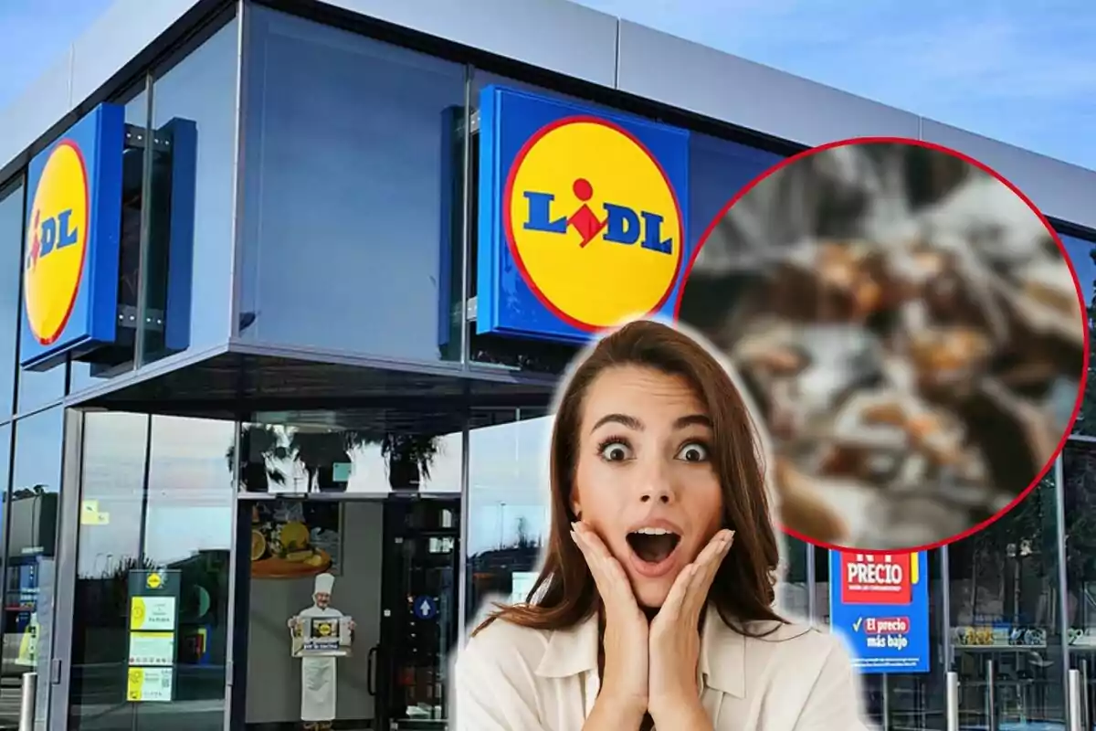 Una mujer sorprendida frente a una tienda Lidl con un círculo borroso en la esquina superior derecha.