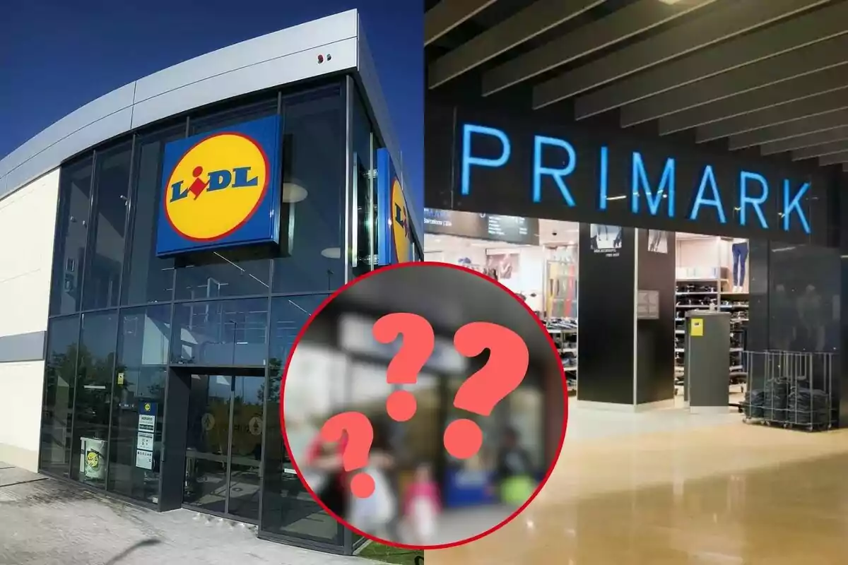 Fachadas de las tiendas Lidl y Primark con un círculo rojo y signos de interrogación en el centro.