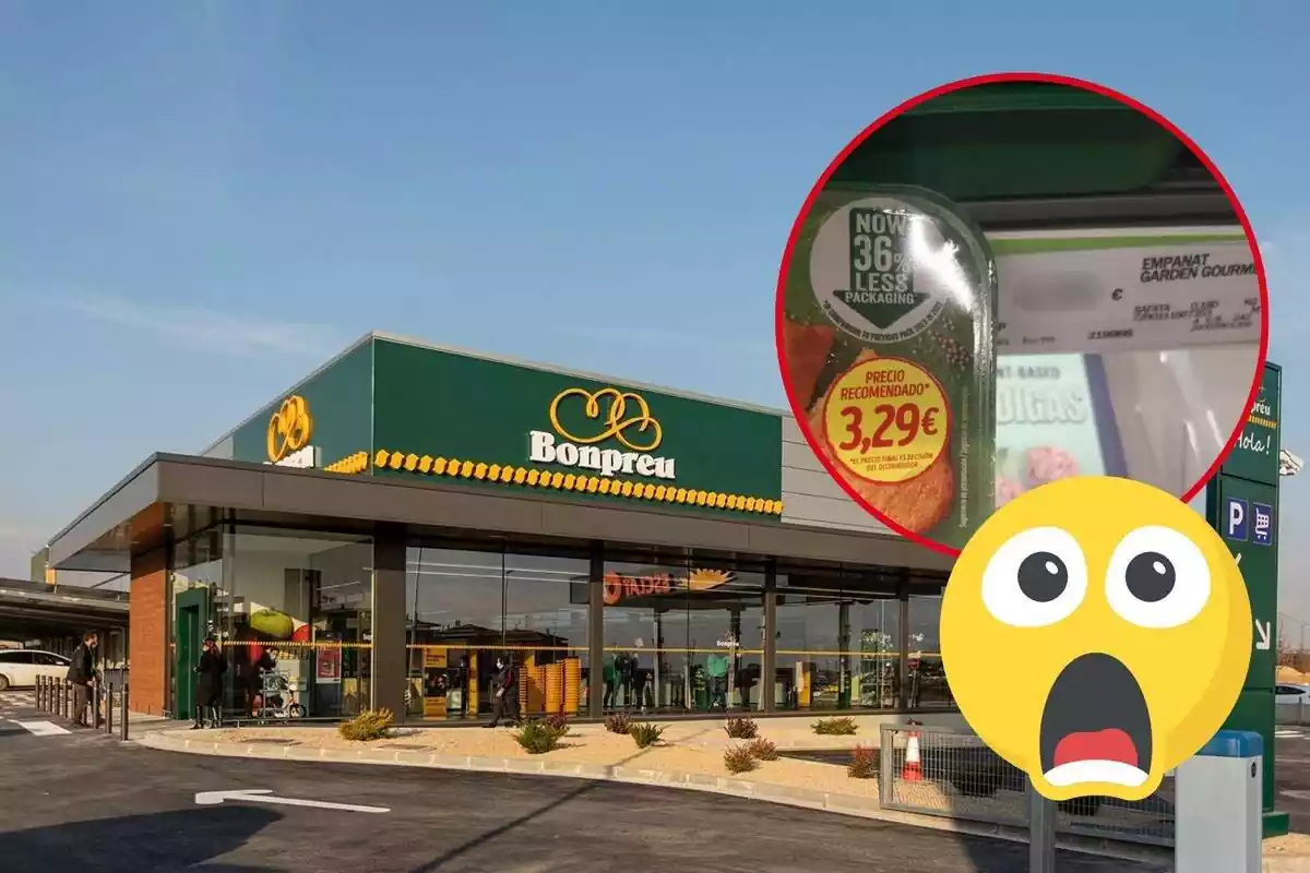 Montaje del exterior de un supermercado Bonpreu, los precios de un producto y un emoji de sorpresa