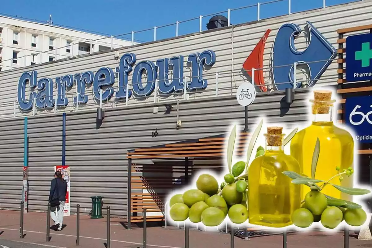 Montaje del exterior del supermercado Carrefou y a su derecha la imagen de varias botelles con aceite de oliva