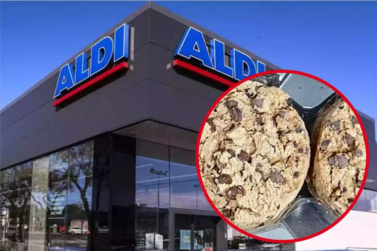 Montaje con el exterior de una tienda de Aldi y un círculo con sus galletas cookies