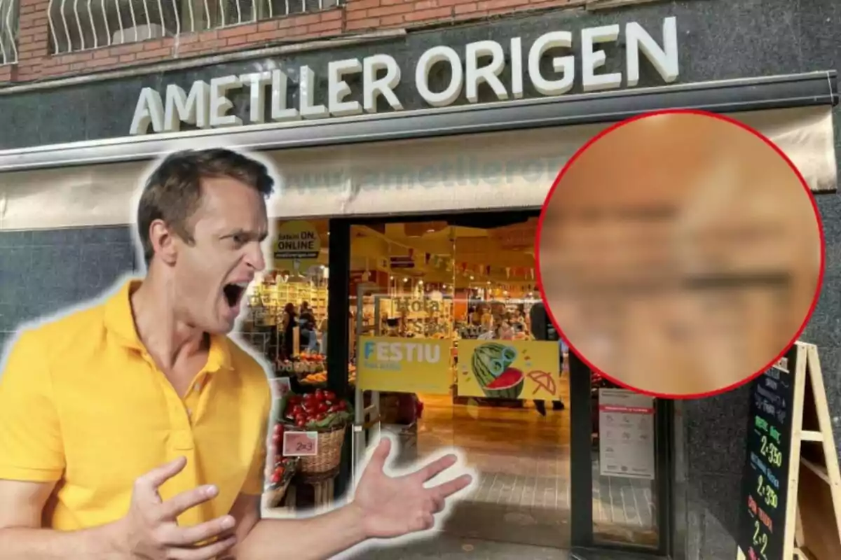 Un hombre con una camiseta amarilla parece estar gritando frente a una tienda llamada "Ametller Origen".