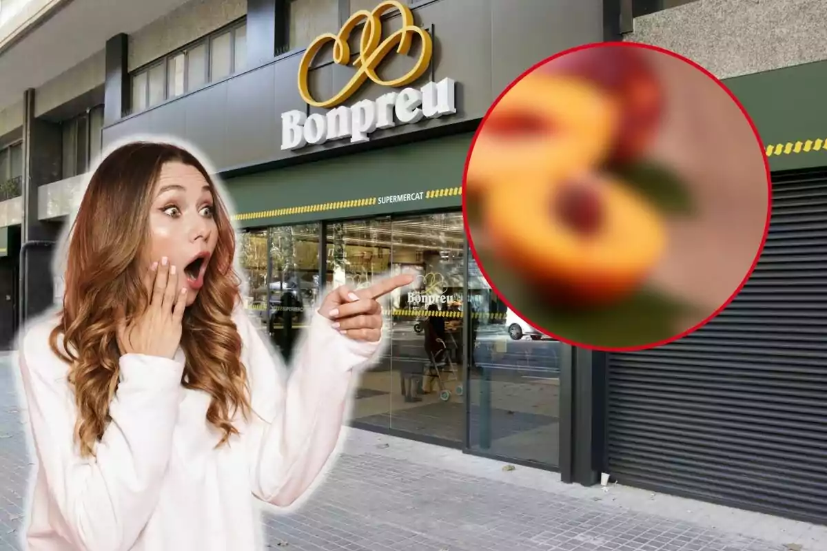 Una mujer con expresión de sorpresa señala hacia un supermercado Bonpreu, con una imagen borrosa de una fruta en un círculo rojo en la esquina superior derecha.