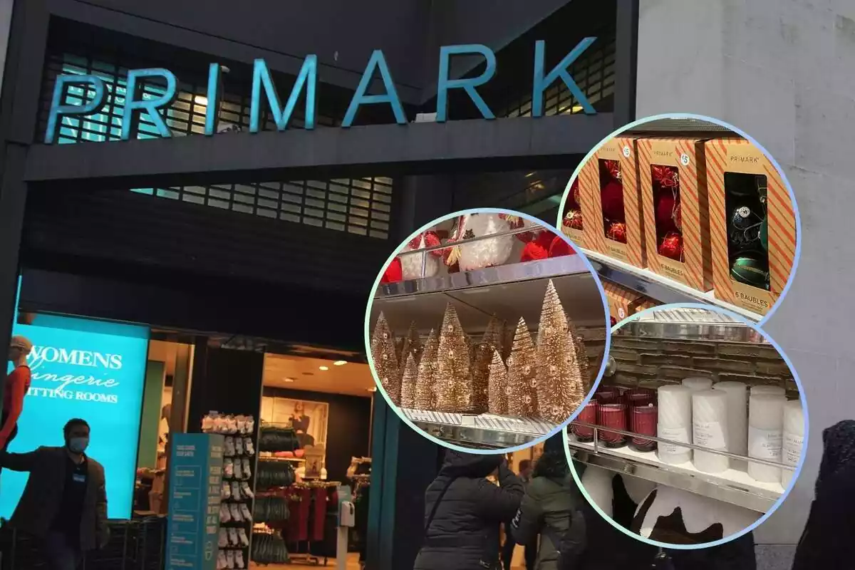 Montaje con el exterior de una tienda de Primark y tres círculos con varios artículos de decoración navideña