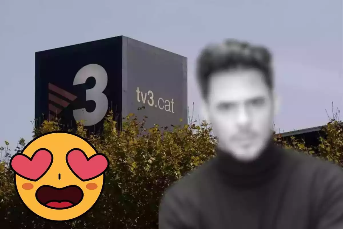 Montaje del exterior de los estudios de TV3, Bart Santana en blanco y negro desenfocado y un emoji enamorado