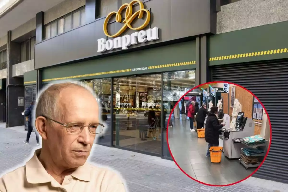 Montaje del exterior de una tienda Bonpreu, un señor enfadado mirando a un lado con un polo blanco y cajas automáticas de este supermercado