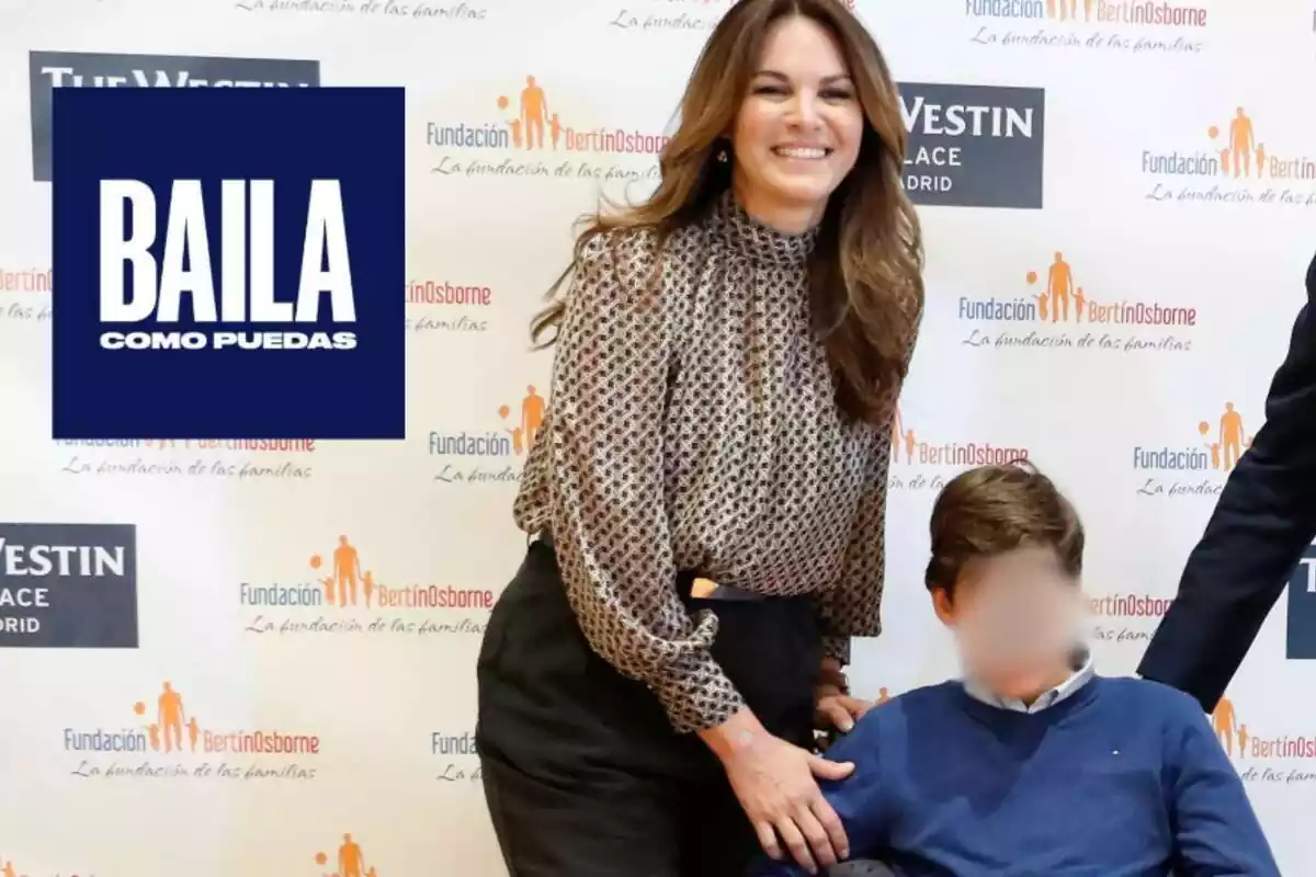 Montaje de Fabiola Martínez sonriendo con una blusa marrón junto a su hijo Kike y el logo de 'Baila como puedas'