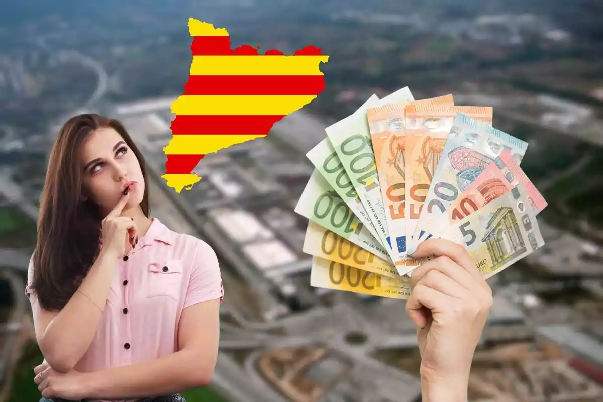 Montaje de fábrica de Martorell de Seat de fondo, con mujer en pose pensativa, silueta de Cataluña y mano sujetando billetes