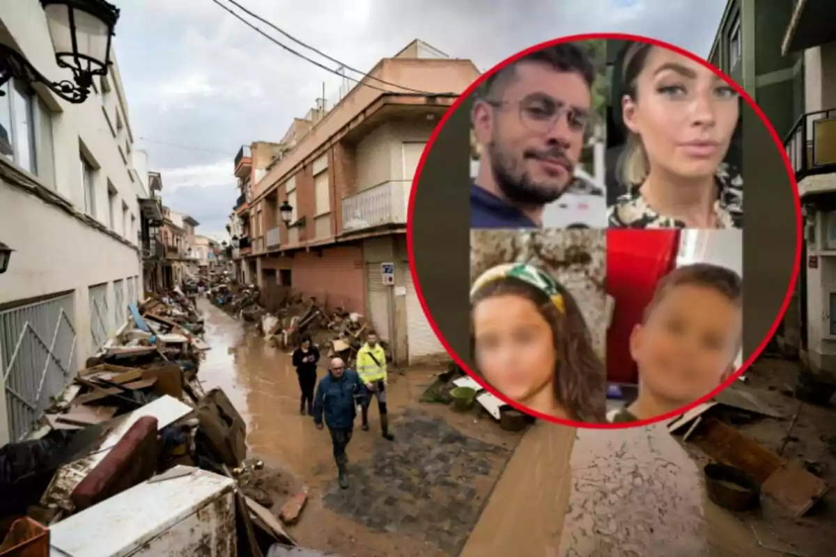 Una calle inundada con escombros y personas caminando, junto a un recuadro con fotos de cuatro personas.