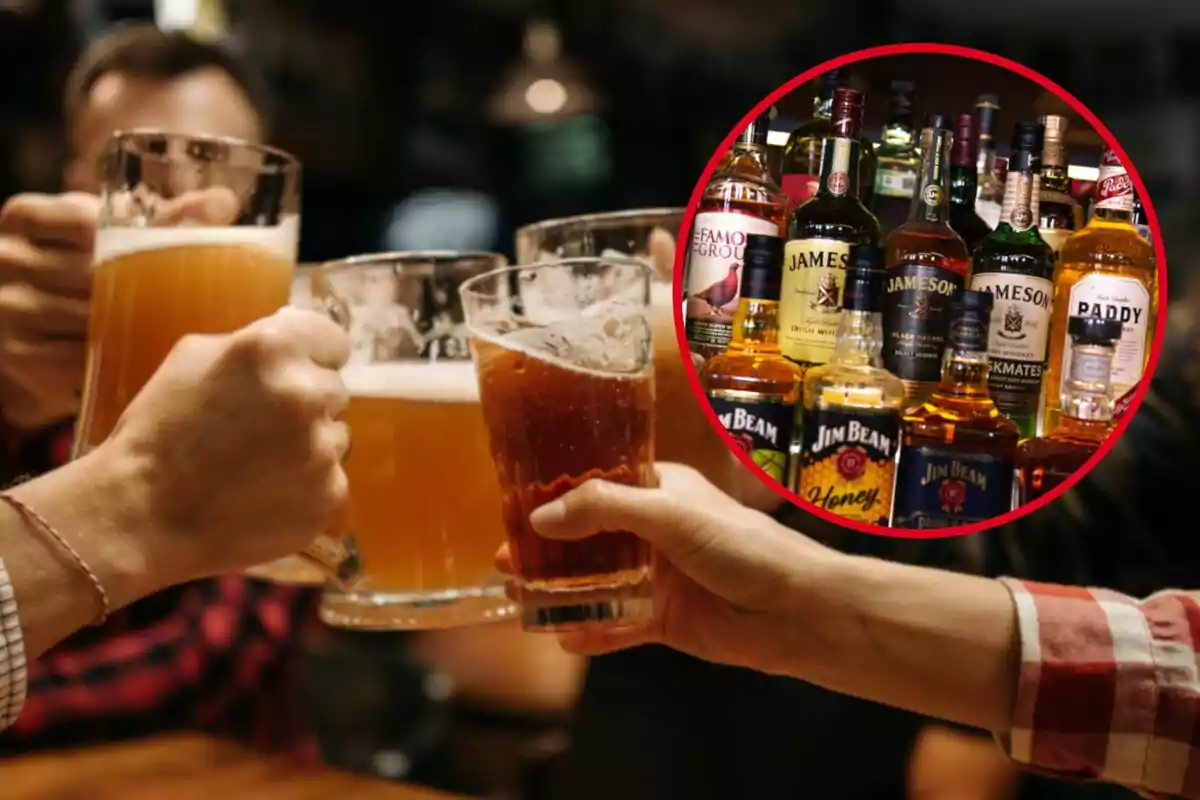 Personas brindando con cervezas en un bar con un círculo que muestra varias botellas de licor. Personas brindando con cervezas en un bar con un círculo que muestra varias botellas de licor.