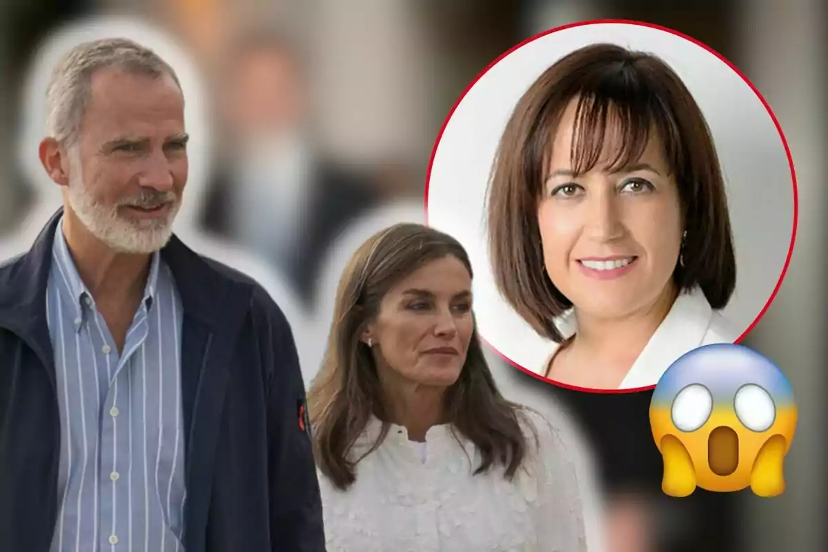 Felipe Vi y Letizia caminando mientras Lorena Silvent sonriente aparece en un círculo superpuesto con un emoji sorprendido.