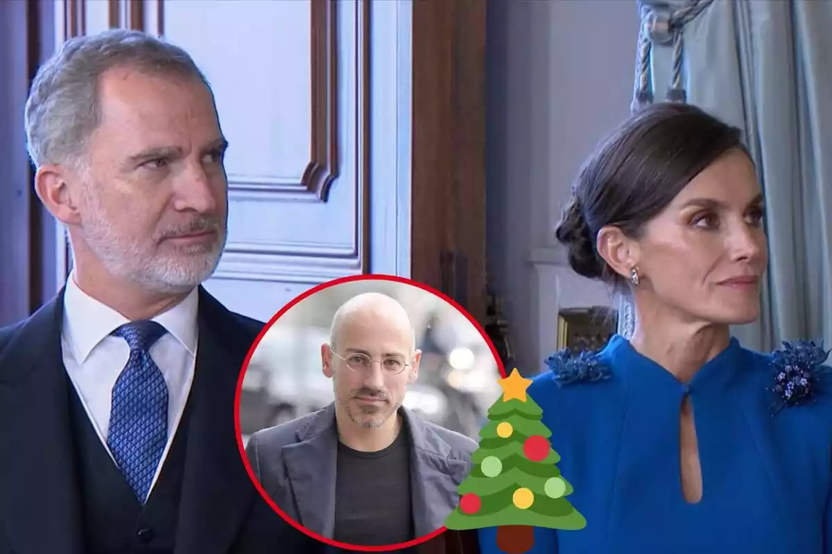 Montaje con Felipe VI y Letizia mirando a un lado juntos, Jaime del Burgo con chaqueta y un árbol de Navidad