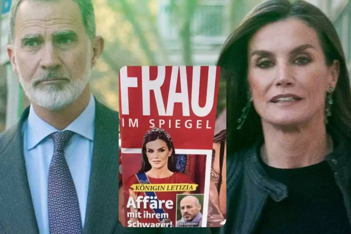 Montaje con Felipe y Letizia serios andando por la calle y la portada de una revista alemana