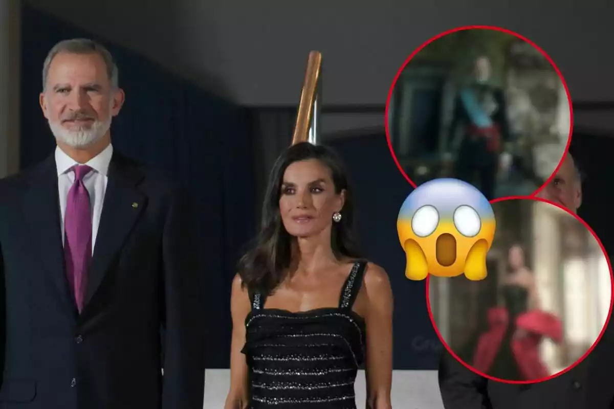 Felipe VI y Letizia vestida formalmente posa para una foto, con un emoji sorprendido y dos imágenes borrosas en círculos rojos superpuestas.