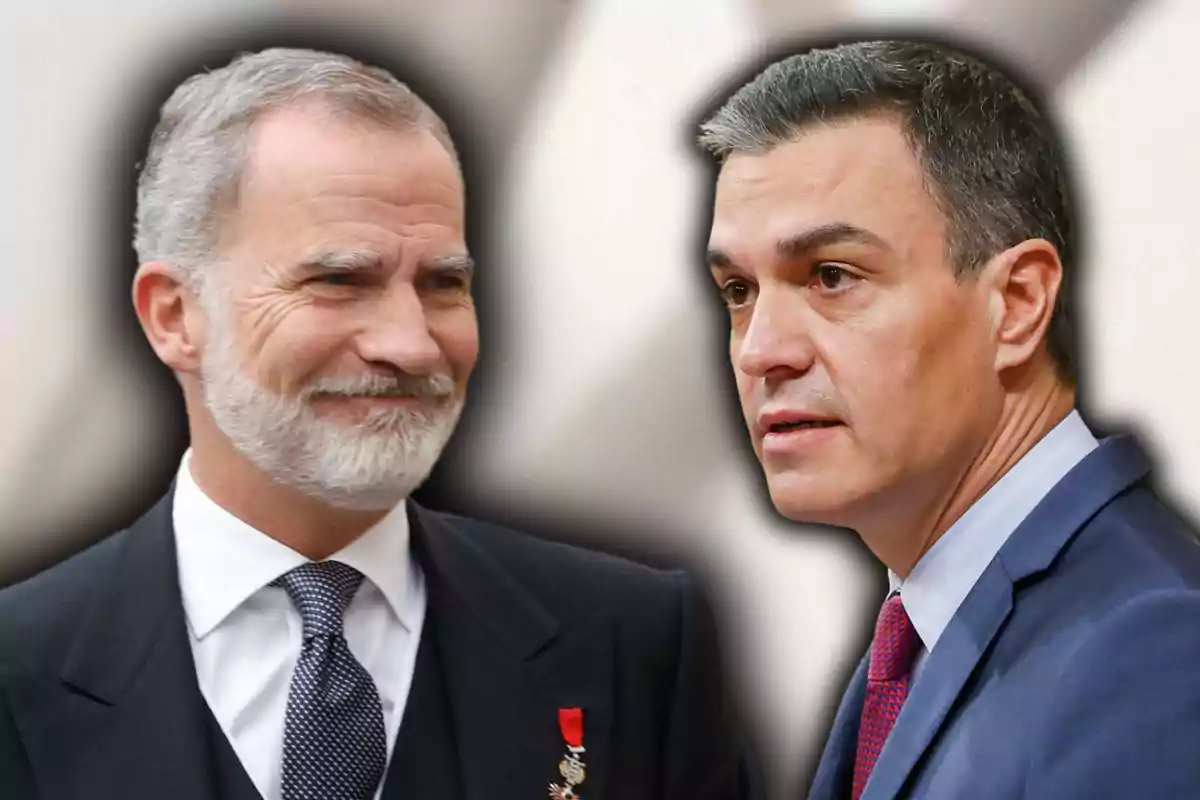 Felipe VI y Pedro Sánchez de traje mirándose con expresiones serias.