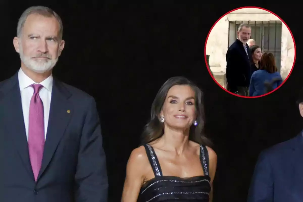 Felipe VI y Letizia vestida de manera elegante camina junta en un evento nocturno, con un recuadro que muestra una escena diferente en el fondo.