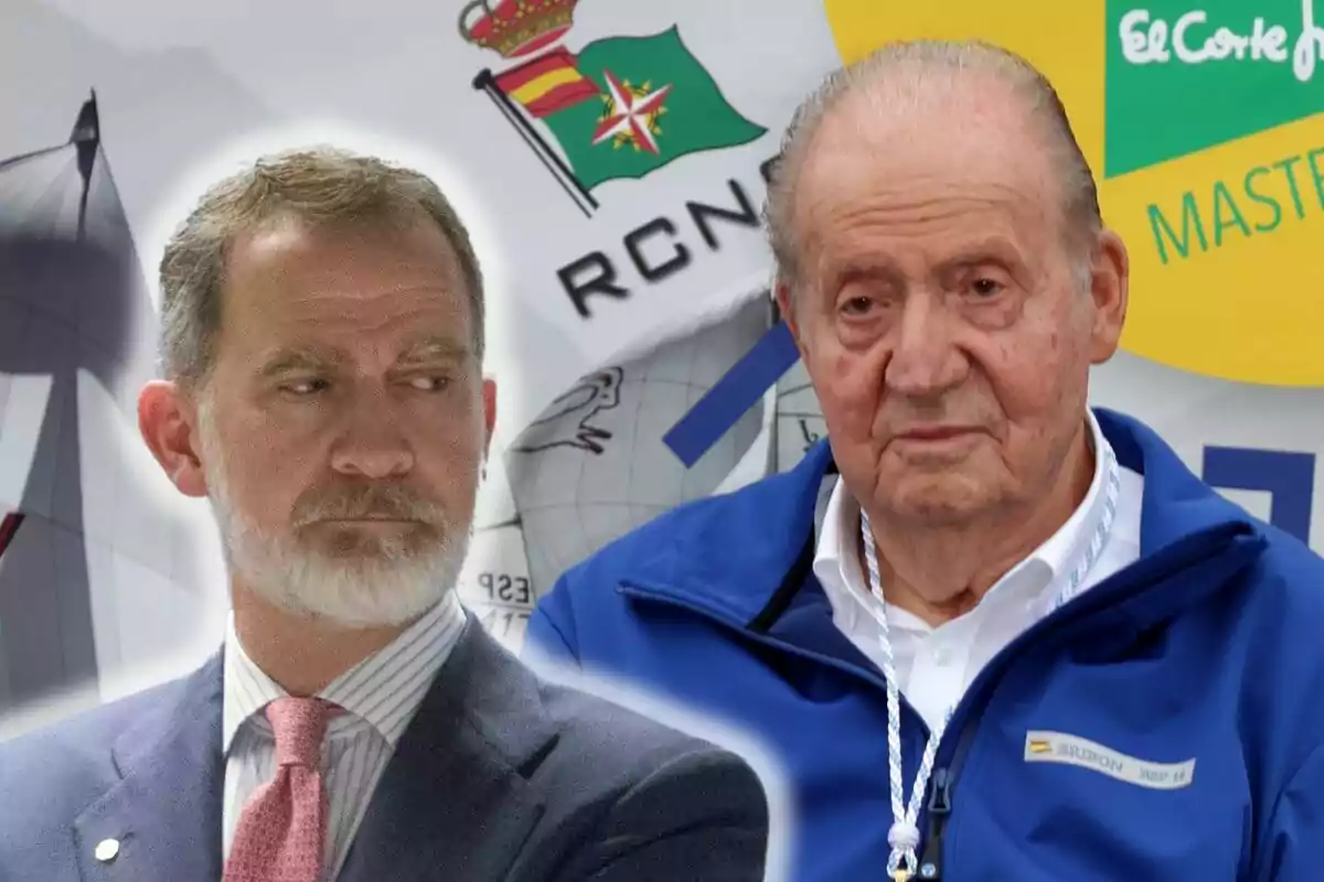 Felipe VI y Juan Carlos I con barba y cabello canoso en un montaje fotográfico con banderas y logotipos de fondo.