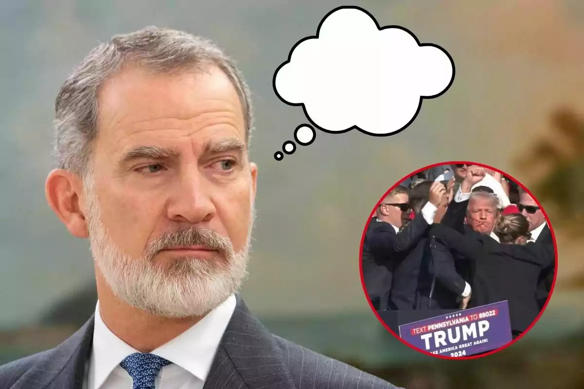 Felipe VI con traje mira hacia la izquierda con una expresión seria, mientras un globo de pensamiento vacío aparece sobre su cabeza; dentro del globo hay una imagen de un evento con varias personas, incluyendo a Donald Trump con el puño levantado y un cartel que dice "TRUMP".