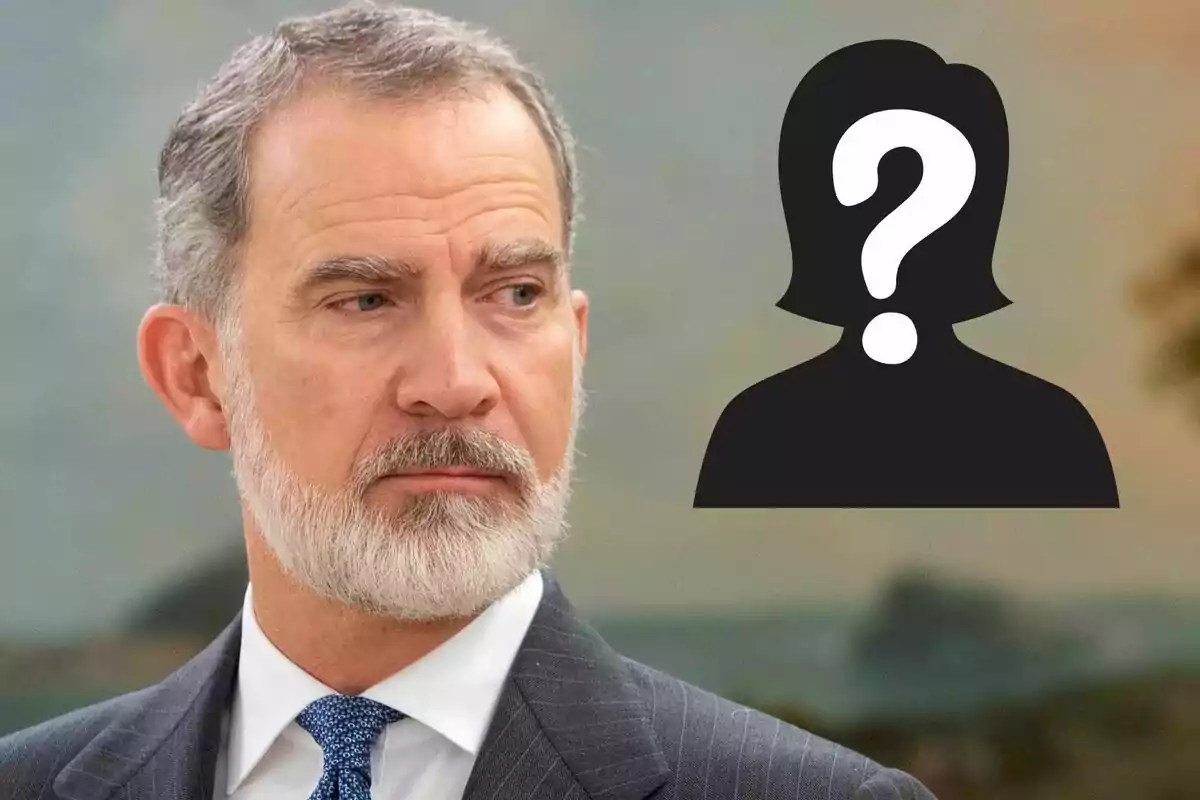 Felipe VI con barba y traje junto a un icono de silueta femenina con signo de interrogación.