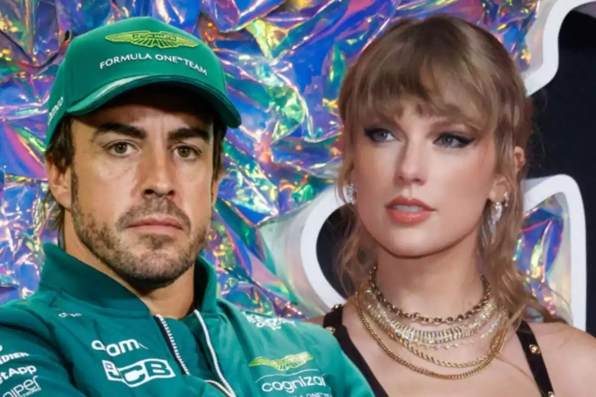 Montaje de Fernando Alonso serio con gorra y chaqueta verde y Taylor Swift con rostro neutro y collares dorados