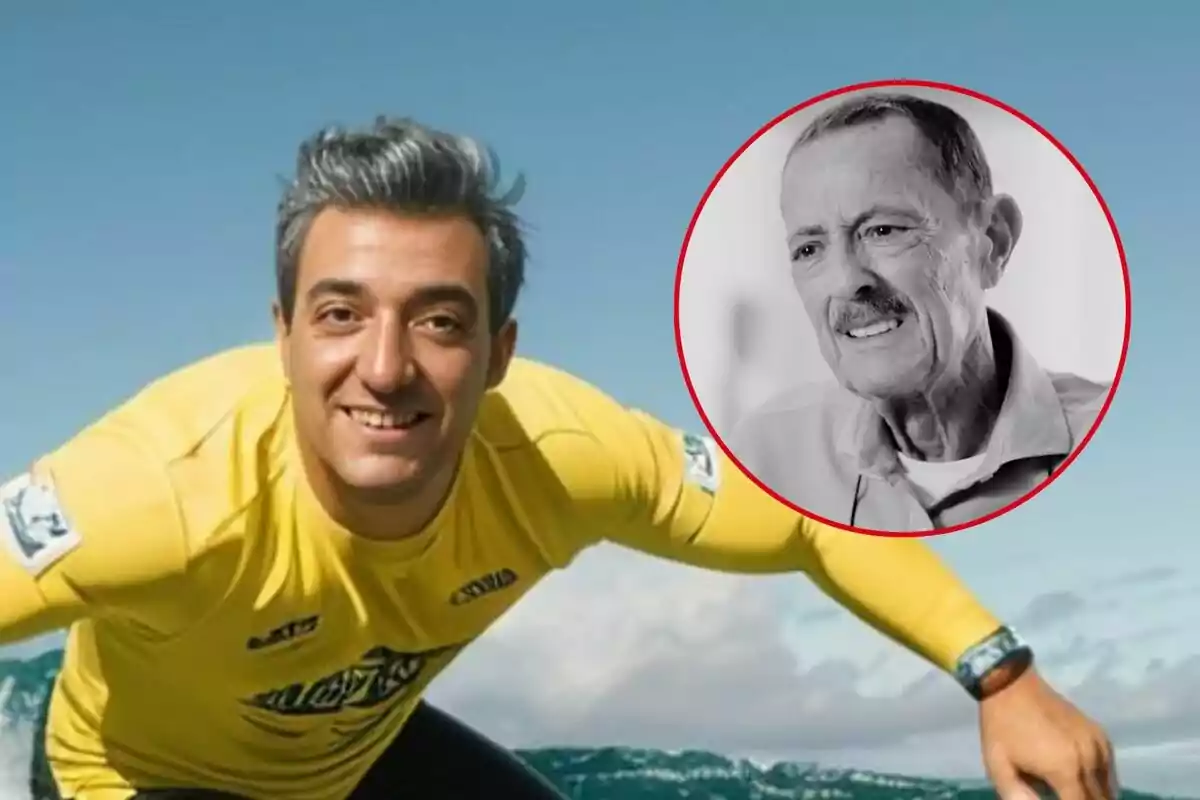 Fernando Marcos con camiseta amarilla de surf sonríe mientras surfea, con una imagen en blanco y negro de Julián Muñoz en un círculo rojo superpuesto en la esquina superior derecha.