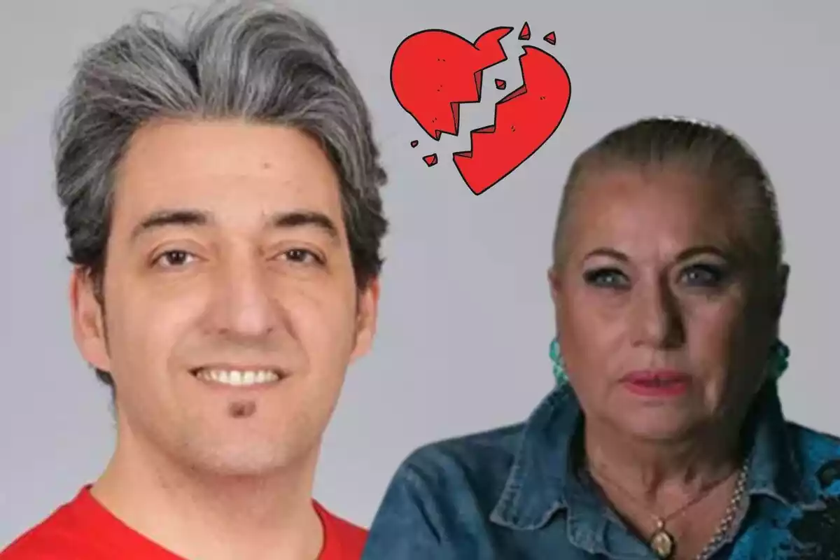 Montaje de primer plano de Fernando Marcos sonriendo, Mayte Zaldívar seria con el pelo recogido y un corazón roto