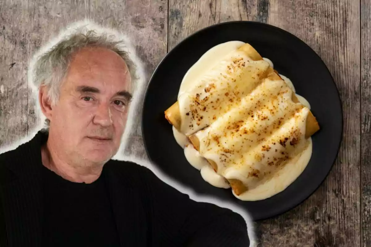 Ferran Adrià de cabello canoso junto a un plato de canelones con salsa blanca sobre una mesa de madera.