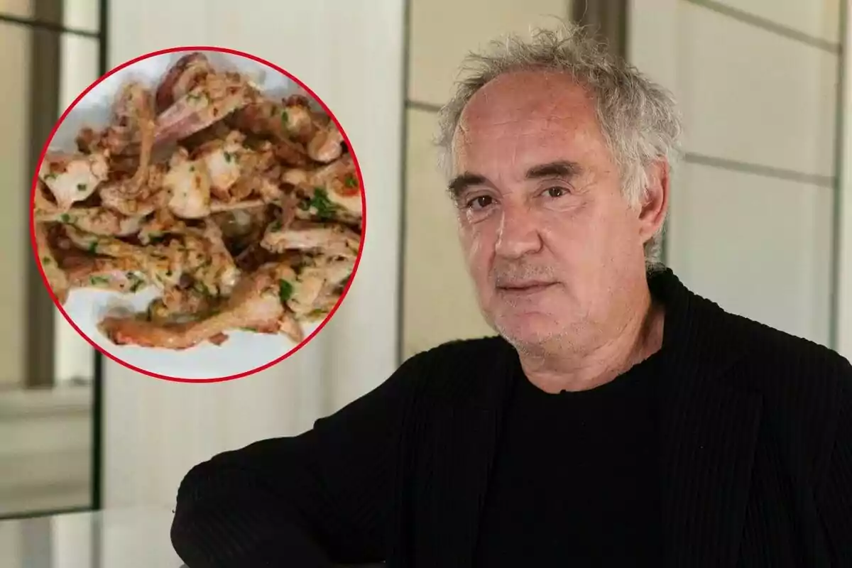 Ferran Adrià de cabello canoso y expresión seria está de pie junto a una imagen circular de un plato de comida que parece ser carne cocida con hierbas. Ferran Adrià de cabello canoso y expresión seria está de pie junto a una imagen circular de un plato de comida que parece ser carne cocida con hierbas.