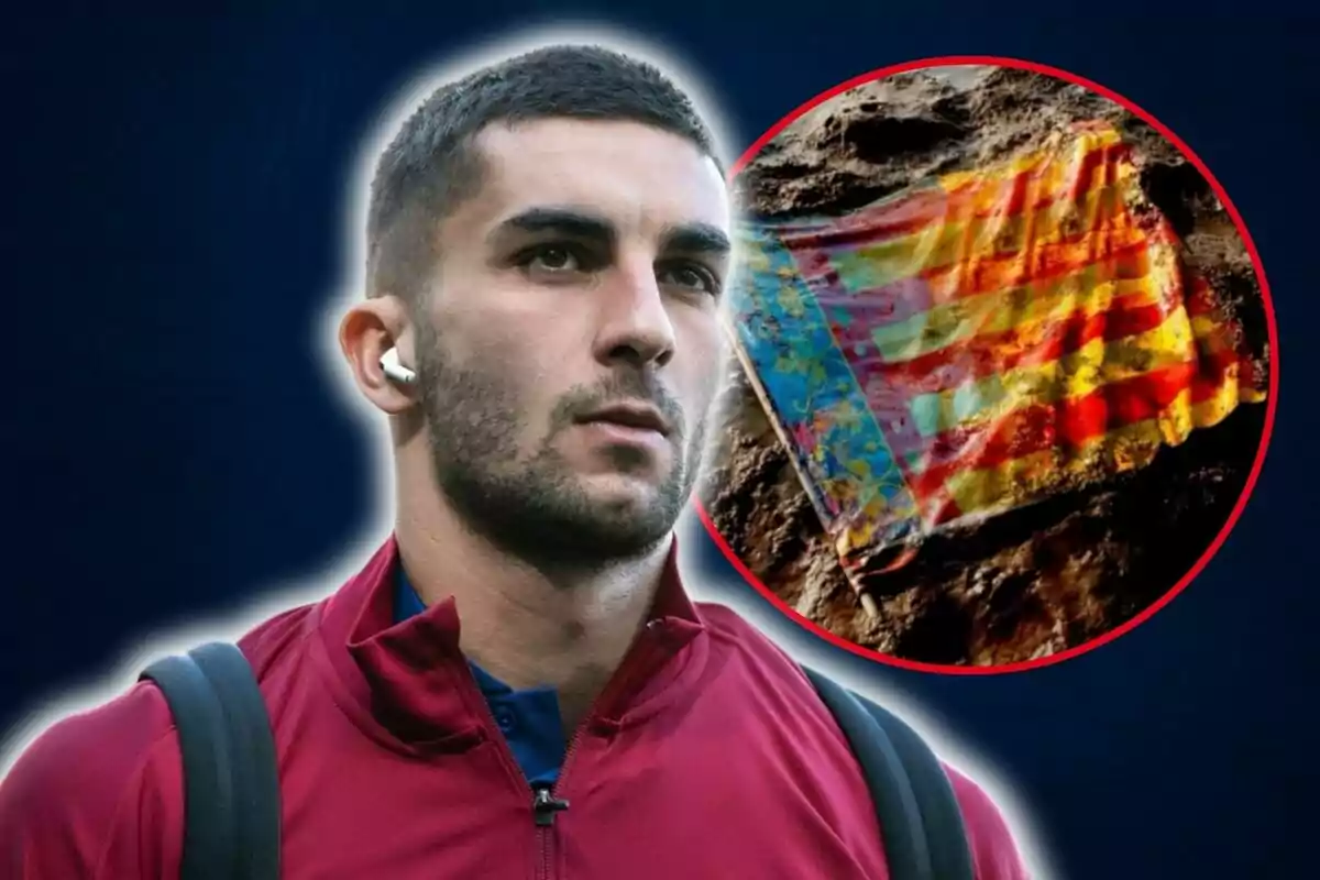 Un hombre con auriculares y chaqueta roja aparece junto a una imagen circular de una bandera colorida sobre tierra.