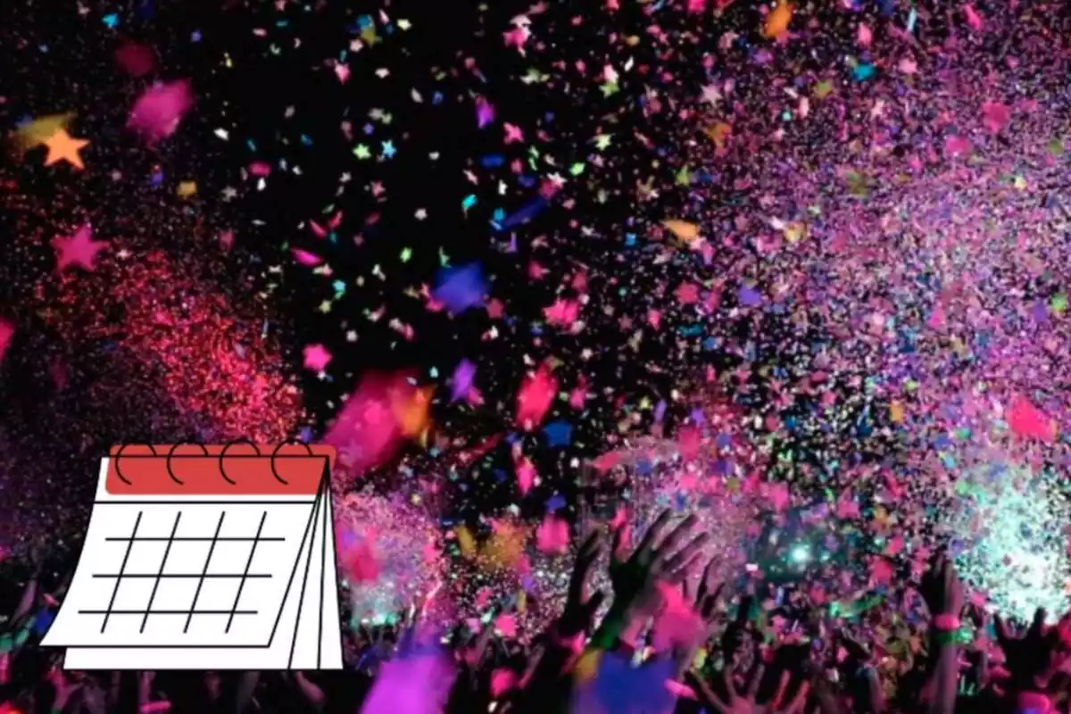 Montaje con una fiesta de Carnaval con confeti y un calendario