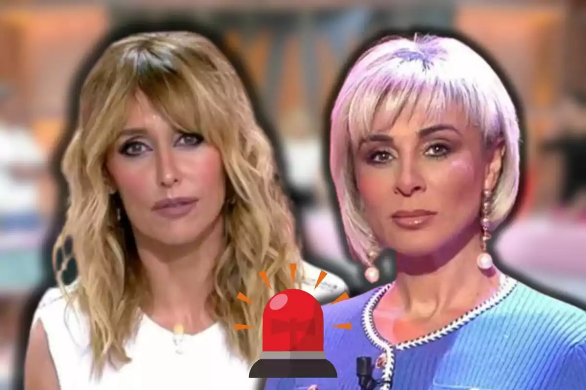 Emma García y Ana María Aldón con expresiones serias aparecen en un montaje con un fondo desenfocado y un icono de alarma roja en el centro.