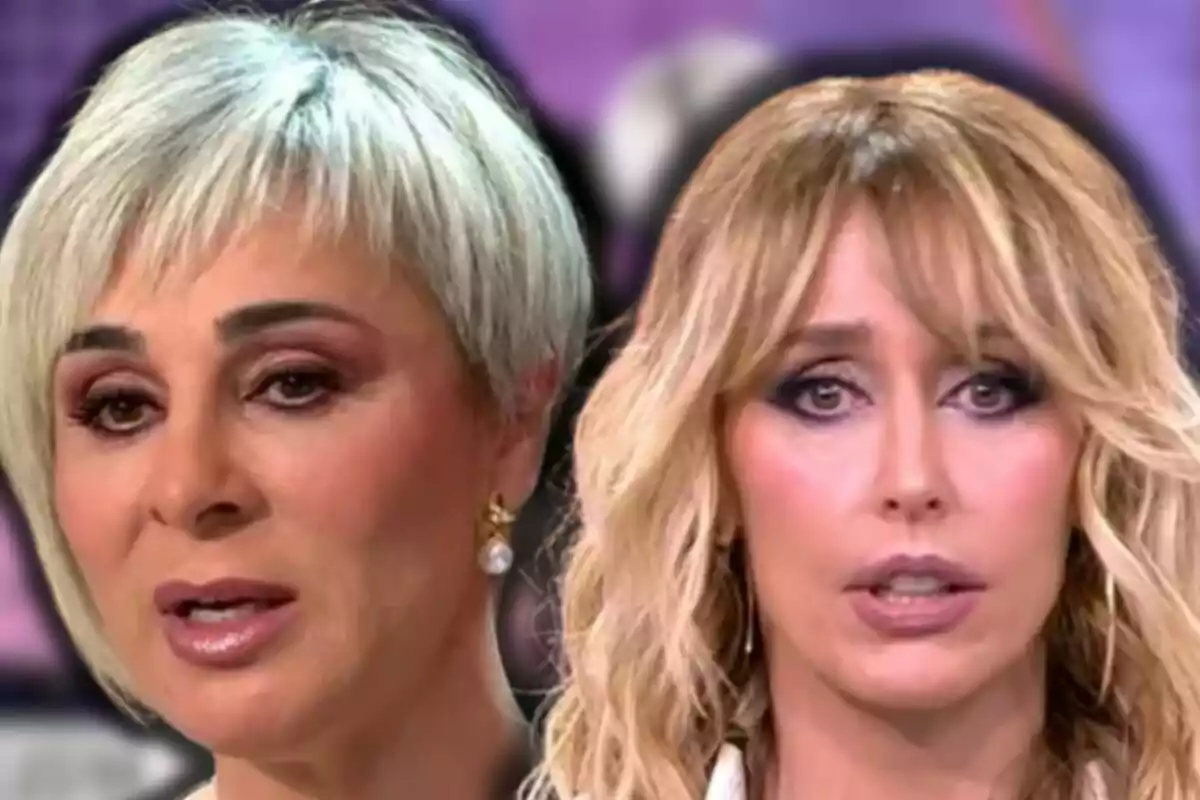 Ana María Aldón y Emma García con maquillaje llamativo y expresiones serias, una con cabello corto y canoso y la otra con cabello largo y rubio.