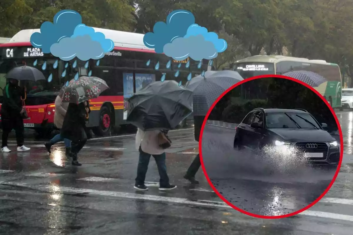 Varias personas caminan con el paraguas abierto, sobre unos logos de lluvia, y en el círculo, un coche sobre una carretera mojada