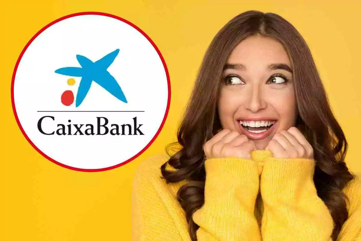 Mujer sonriente con suéter amarillo mira emocionada hacia el logo de CaixaBank sobre fondo amarillo Mujer sonriente con suéter amarillo mira emocionada hacia el logo de CaixaBank sobre fondo amarillo