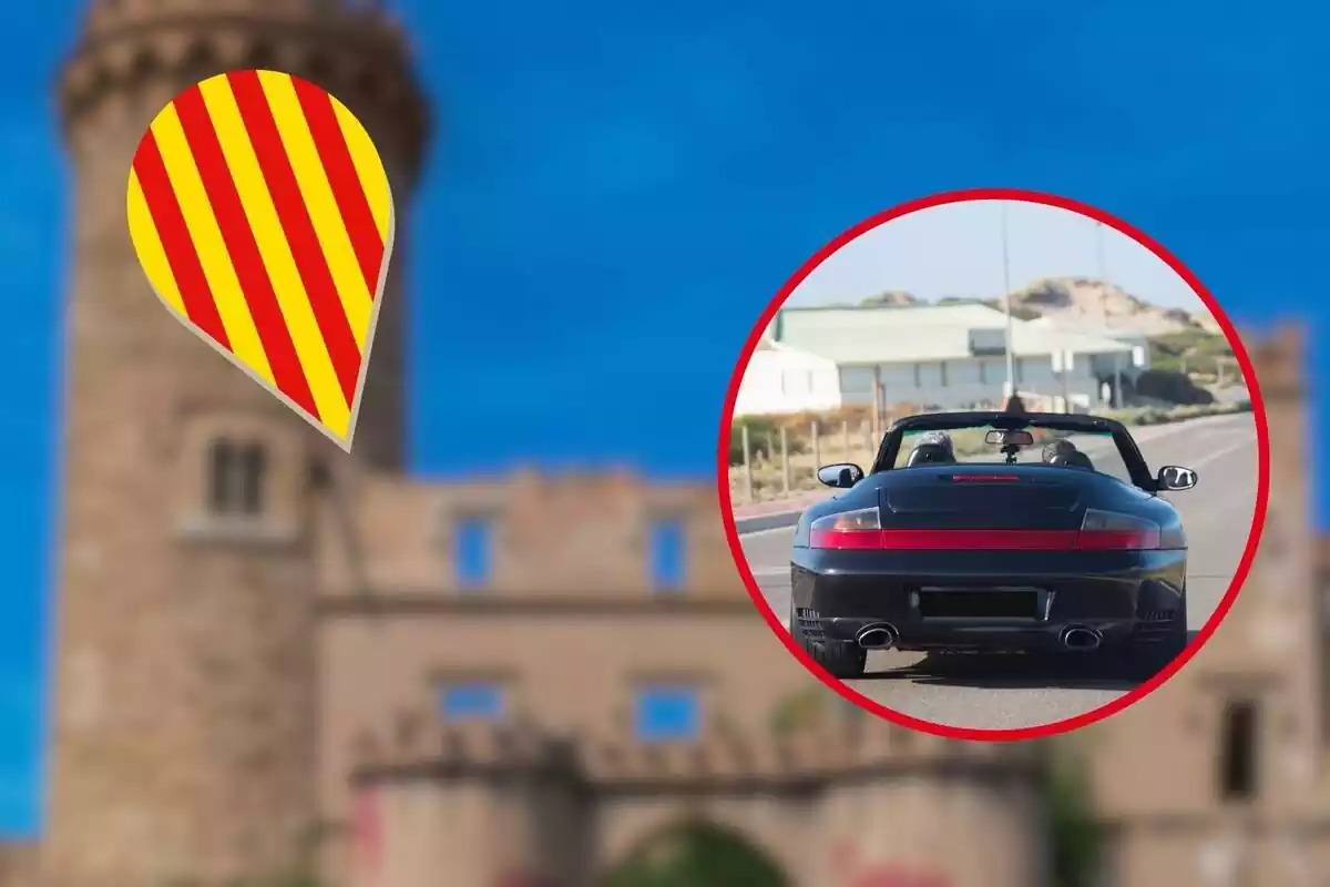 Montaje con el fondo de un castillo borroso, la imagen de un coche deportivo por detrás y la bandera de Cataluña al lado izquierdo