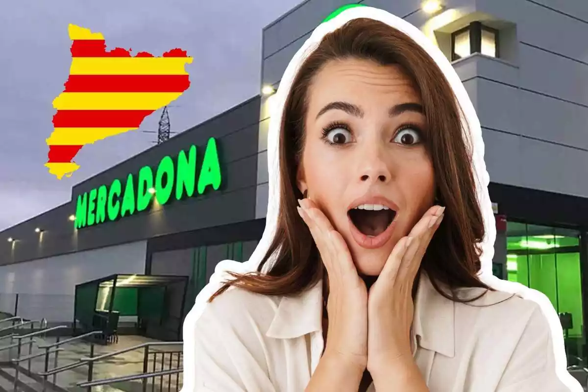 Montaje con el fondo de una tienda de Mercadona, al frente una mujer con cara de sorprendida y a la izquierda el mapa con la bandera de Cataluña