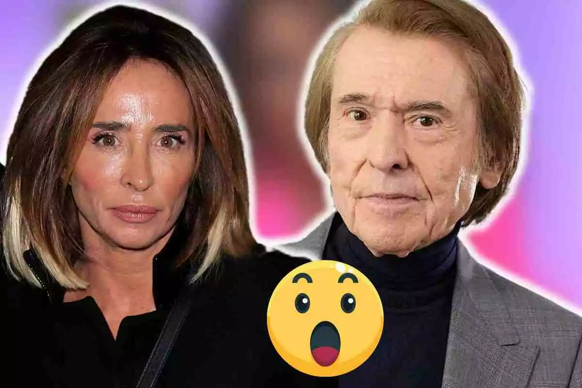 María Patiño y Raphael posan juntas frente a un fondo colorido con un emoji sorprendido en primer plano.