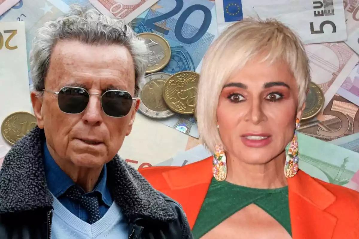 Montaje con un fondo con billetes, José Ortega Cano serio con gafas de sol y abrigo negro y Ana María Aldón sorprendida con unos pendientes largos de colores y blazer naranja