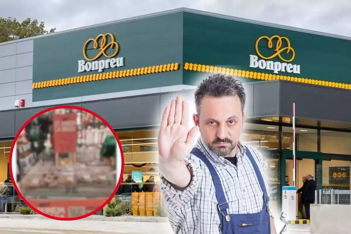 Montaje con imagen de fondo del súpermercado Bonpreu, junto a una foto pequeña de un Tweet borroso y la foto de un señor con una mano en señal de "alto"