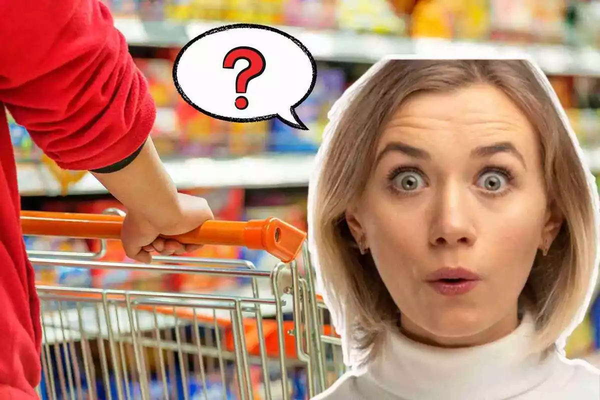 Montaje de fondo una imagen genérica de un supermercado y a la derecha una mujer sorprendida con un signo de interrogación sobre la cabeza y en una nube de diálogo