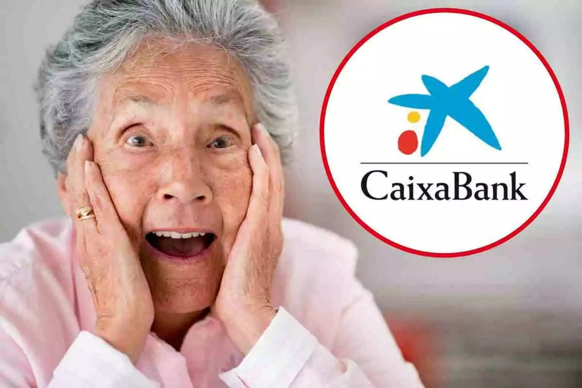 Mujer mayor con expresión de sorpresa y logotipo de CaixaBank en un círculo rojo