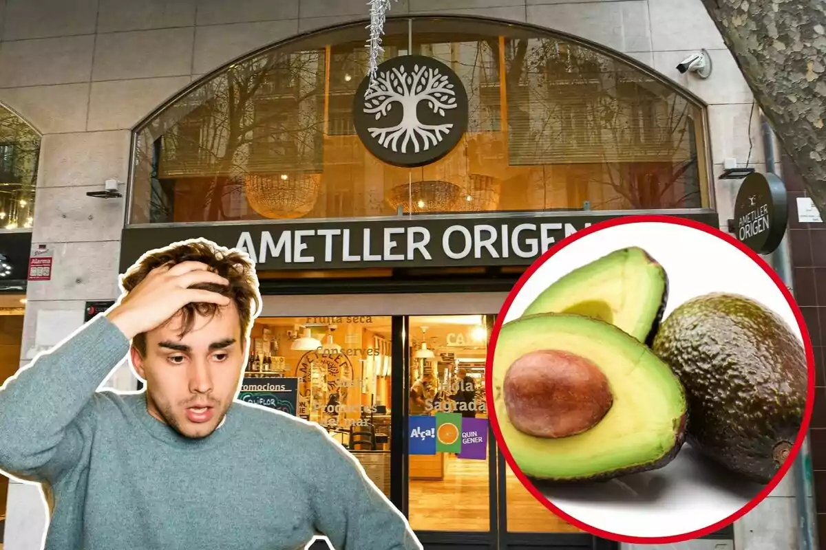 Montaje de Ametller Origen al fondo con foto de unos aguacates y foto de un hombre preocupado con la mano en la cabeza