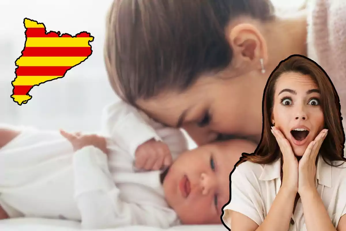 Montaje con foto de fondo de una mamá con su hijo recién nacido, otra foto de una mujer sorprendida y el mapa con la bandera de Cataluña