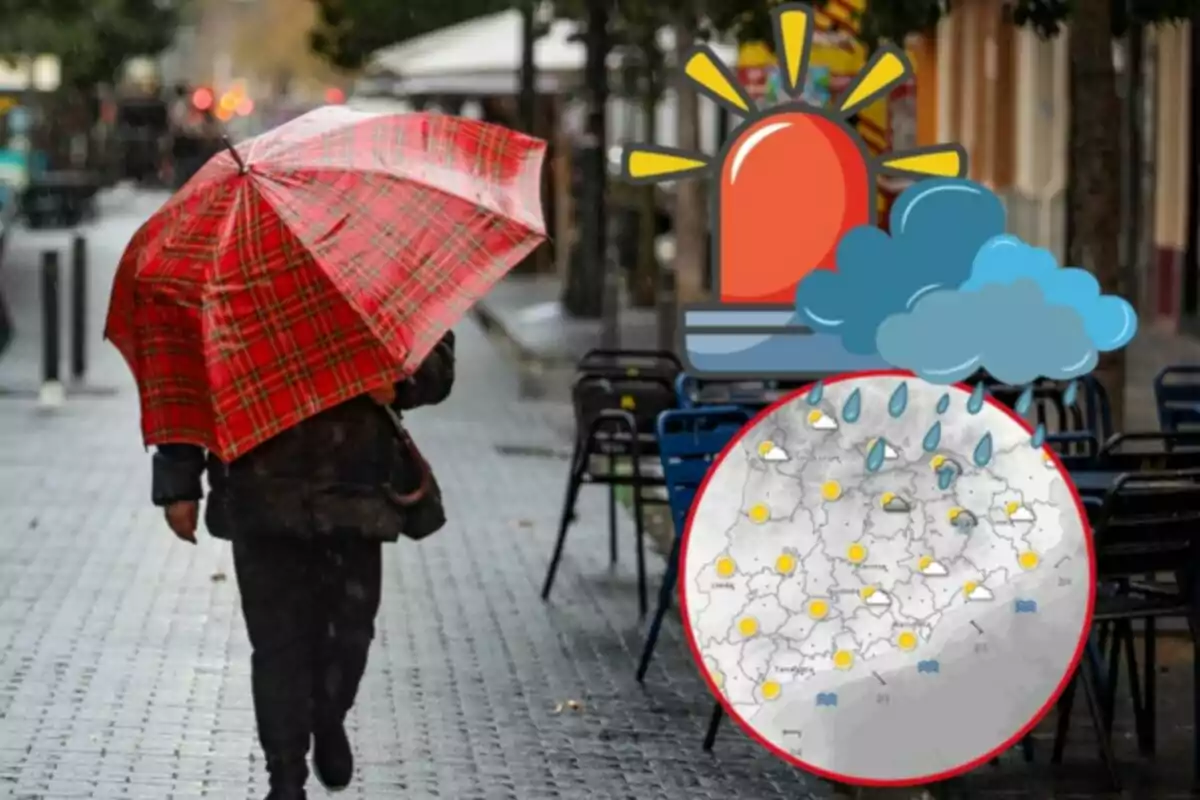 Persona caminando bajo la lluvia con un paraguas rojo a cuadros, con un gráfico del clima superpuesto mostrando un mapa y símbolos meteorológicos.