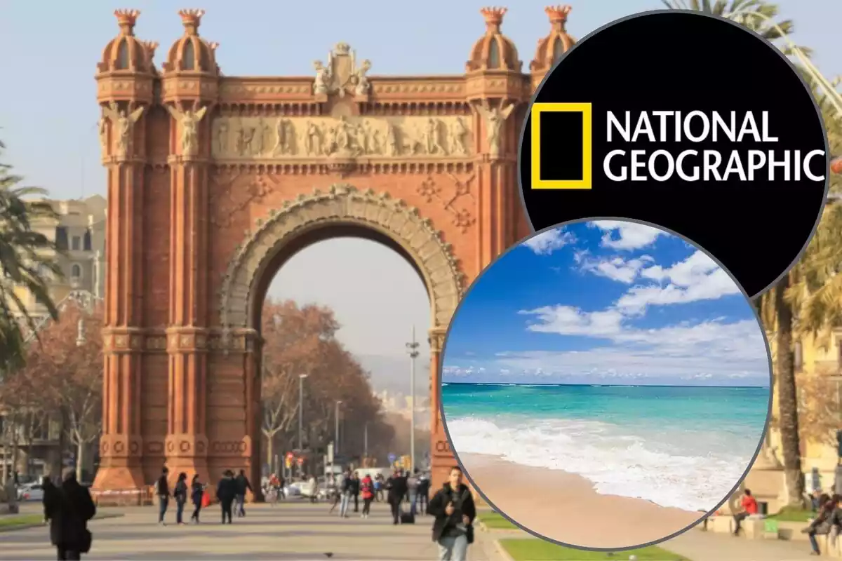 Montaje de una foto del Arco del Triunfo de Barcelona al fondo, con el logo de National Geographic y una foto pequeña de una playa