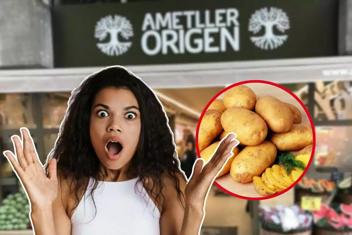 Montaje con foto de fondo de Ametller Origen, foto de una mujer sorprendida y foto de unas patatas