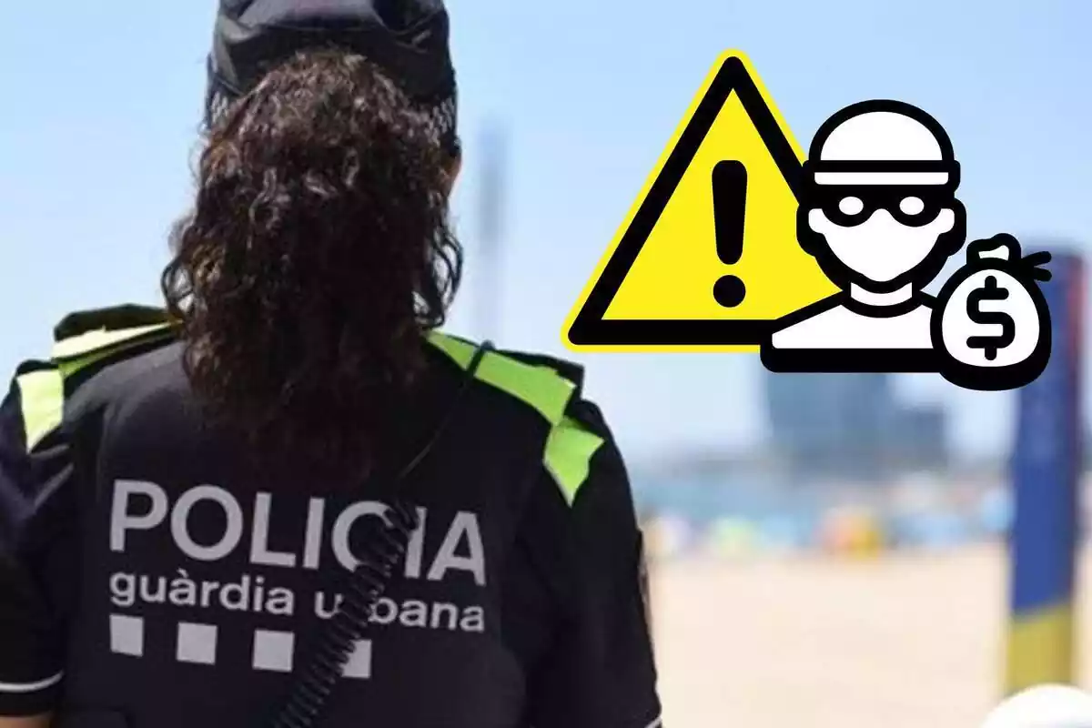 Montaje con la foto de una mujer policía de espaldas en un fondo de playa de Barcelona y un emoji de alerta con otro emoji de un ladrón