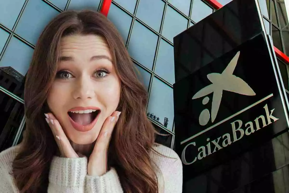 Una mujer con expresión de sorpresa frente a un edificio con el logo de CaixaBank. Una mujer con expresión de sorpresa frente a un edificio con el logo de CaixaBank.