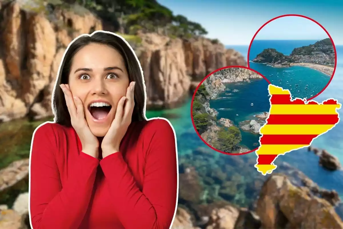 Mujer sorprendida con fondo de paisaje costero y mapa de Cataluña.