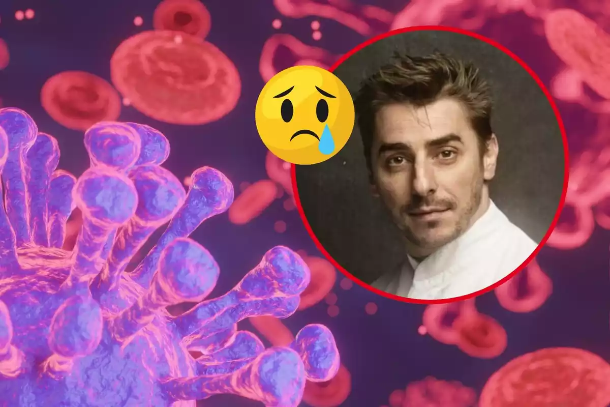 Montaje foto del chef Jordi Roca con una imagen de virus de fondo